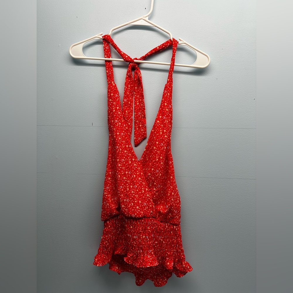 Sienna Sky Junior Womens Top Floral Halter Crop Smocked Waist Orange Open XS